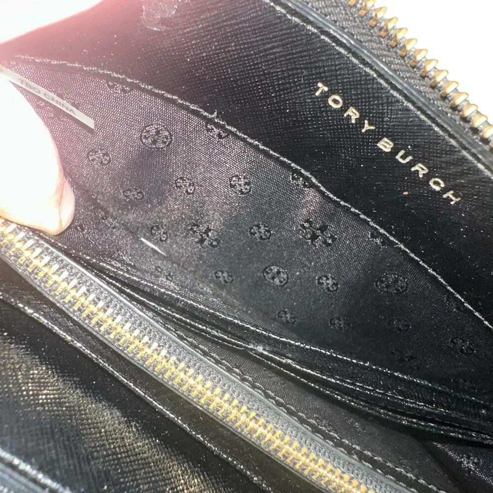 Tory Burch Black Saffiano Leather Zip Around Wallet Gold Logo